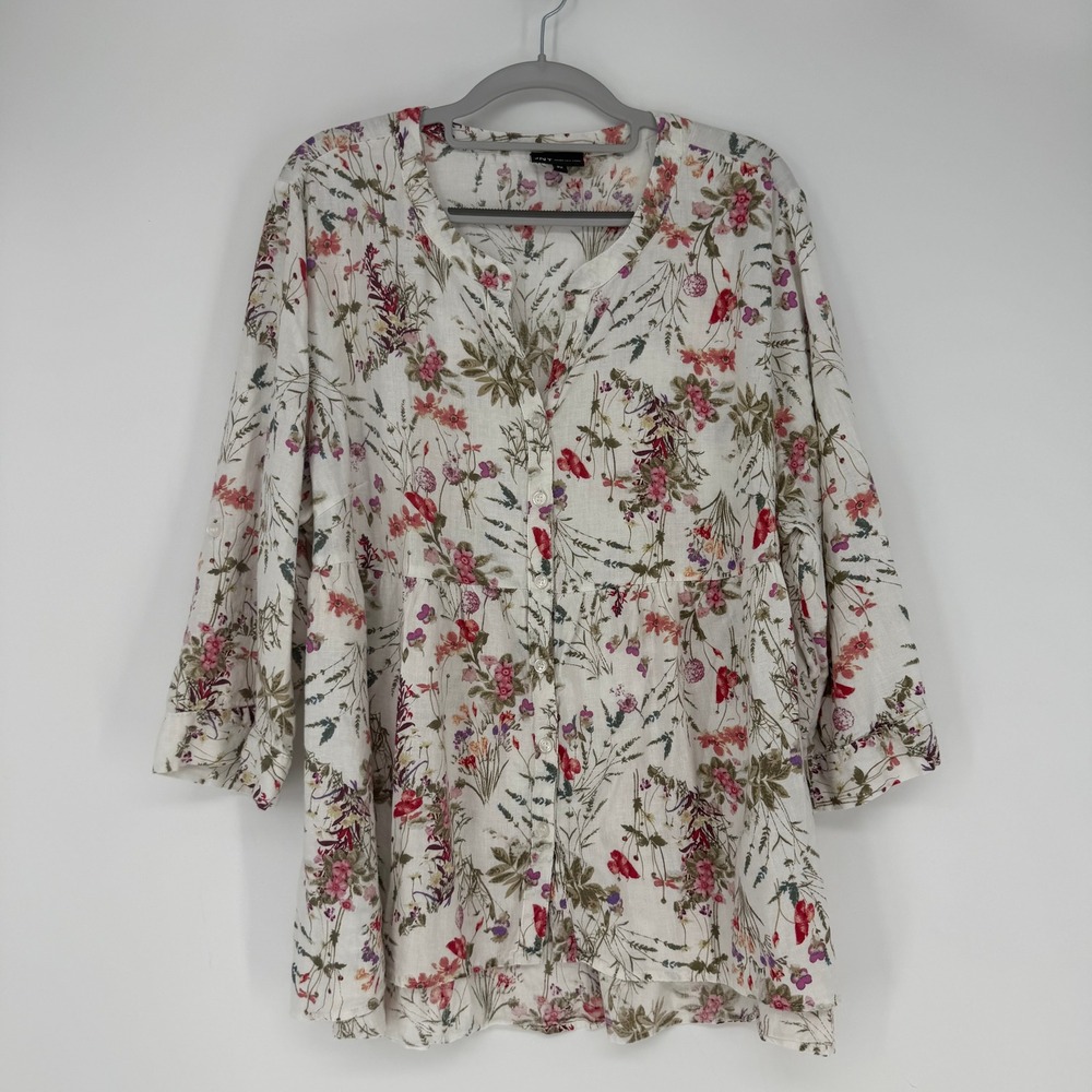 Jones New York Blouse Womens 2X White Floral Linen Blend Babydoll Cottagecore